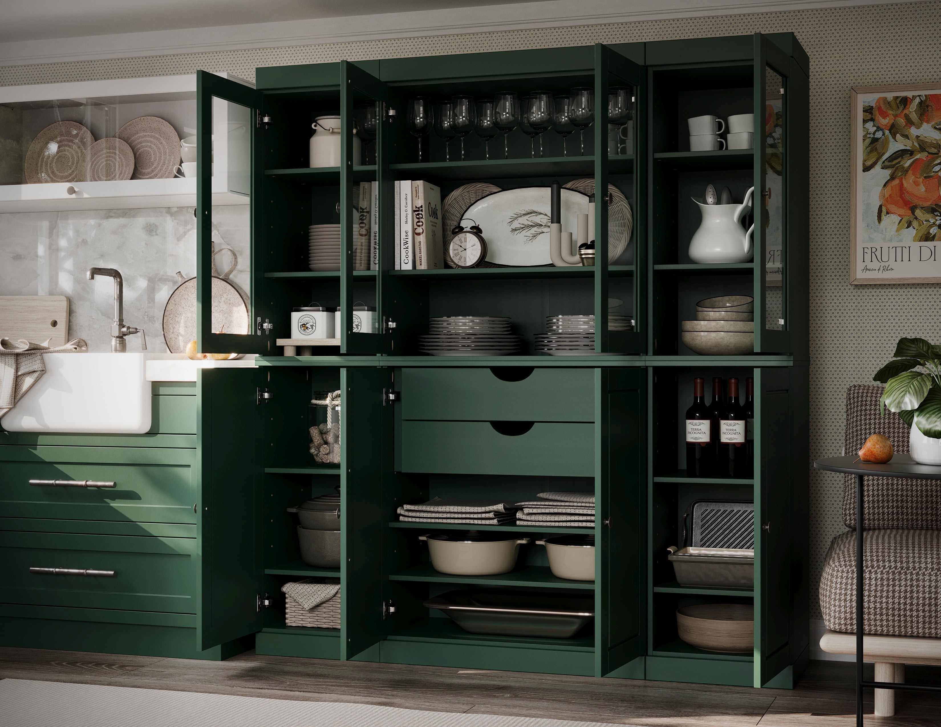 Palace Imports 100% Solid Wood Kitchen Pantry Storage Cabinet with Solid, Clear Glass Doors, Adjustable Shelves and 2-Drawers, Green