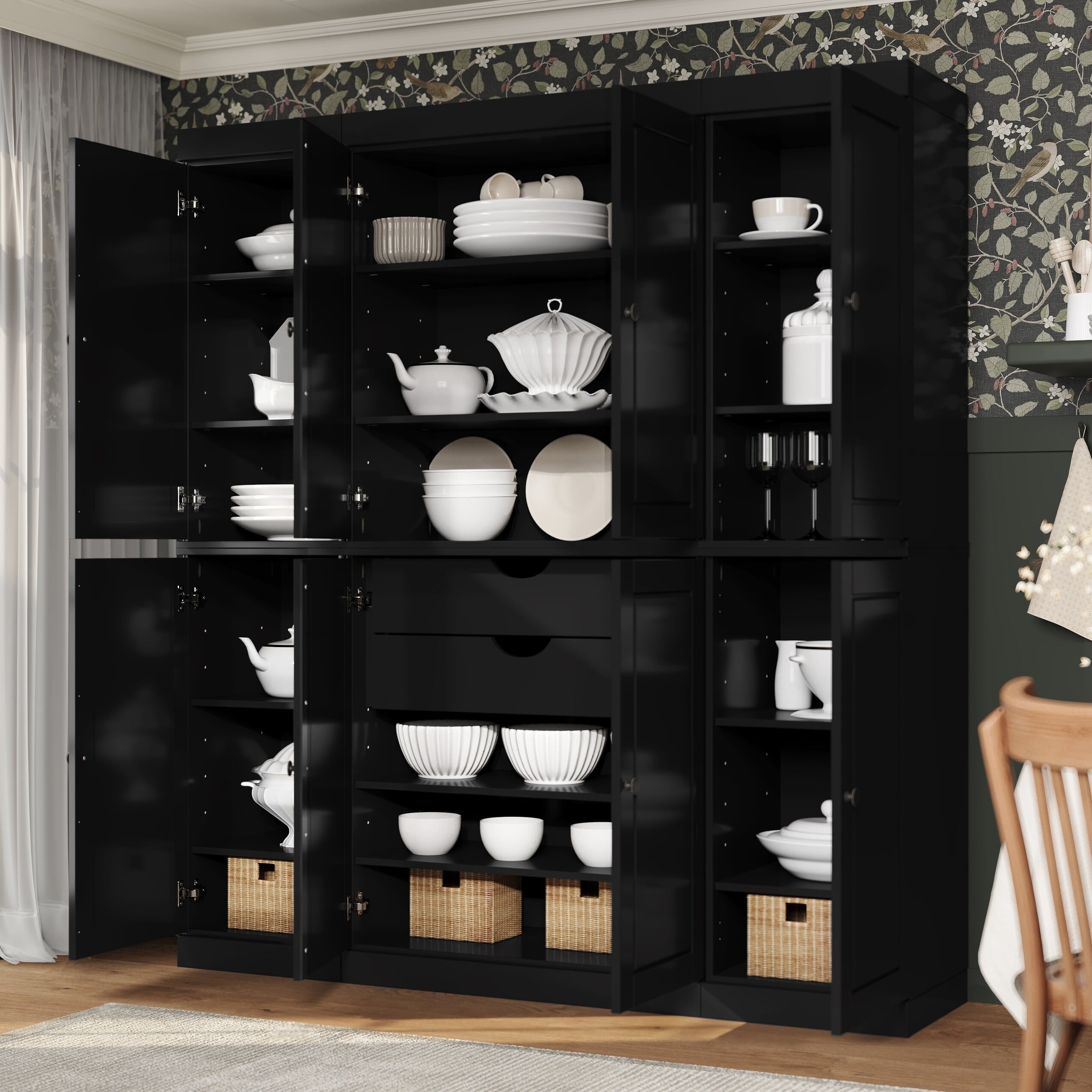 Palace Imports 100% Solid Wood Kitchen Pantry Storage Cabinet with Solid Doors, Adjustable Shelves and 2-Drawers, Black