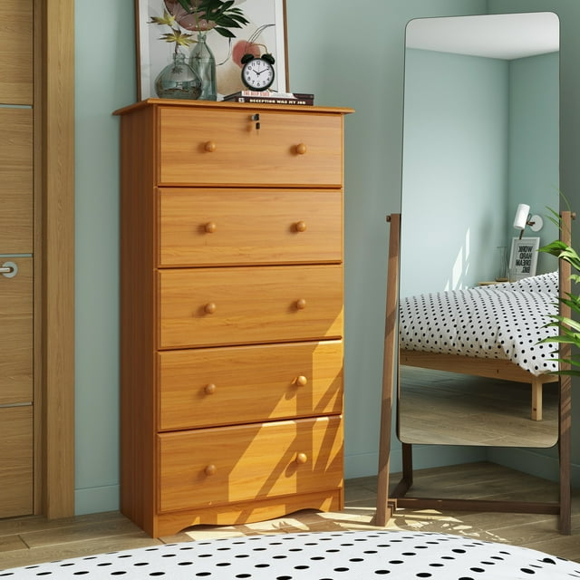 Palace Imports  100% Solid Wood 5-Jumbo Drawer Chest with Lock, Metal or Wooden Knobs Honey Pine Stained Medium Wood