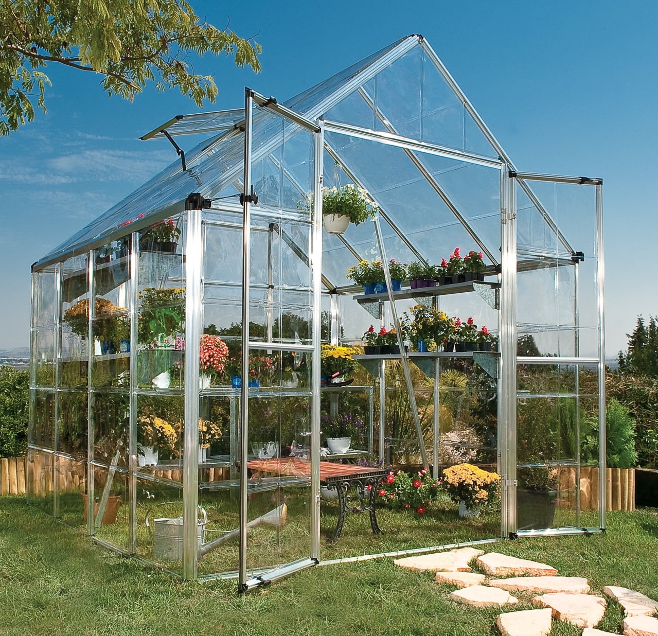 Palram - Canopia Snap & Grow 8' x 8' Polycarbonate/Aluminum Walk-In Greenhouse – Silver - with Roof Vent