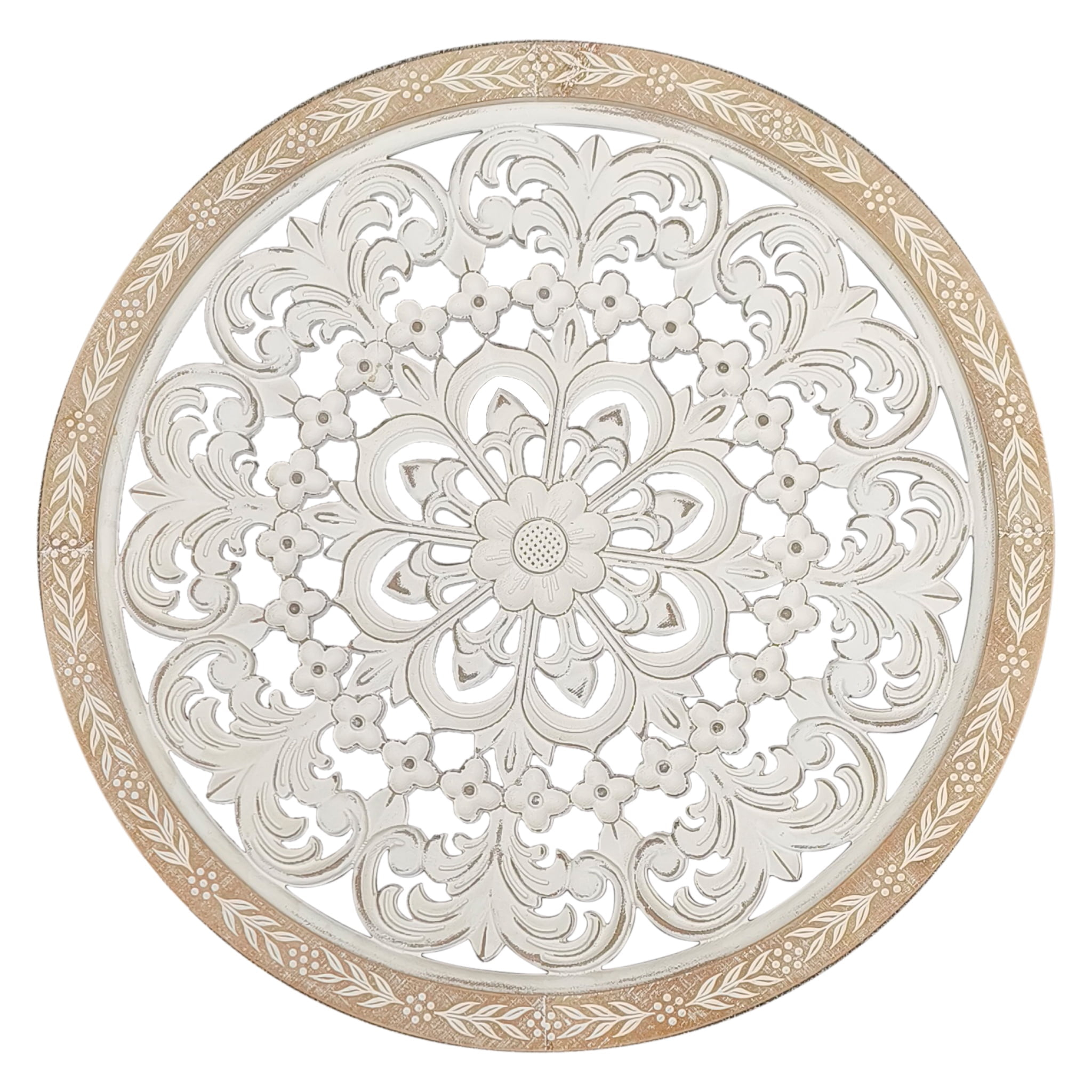Parisloft 25 Inch Round Carved Wood Wall Decor, Natural Wood and Distressed White Finish,MDF with veneer, Farmhouse Wood Wall Decor for Living Room, Bedroom