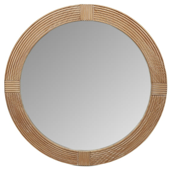 Parisloft 31.5 Inch Round Natural Wood Decorative Wall Mirror, Farmhosue Rustic Wall Mirror