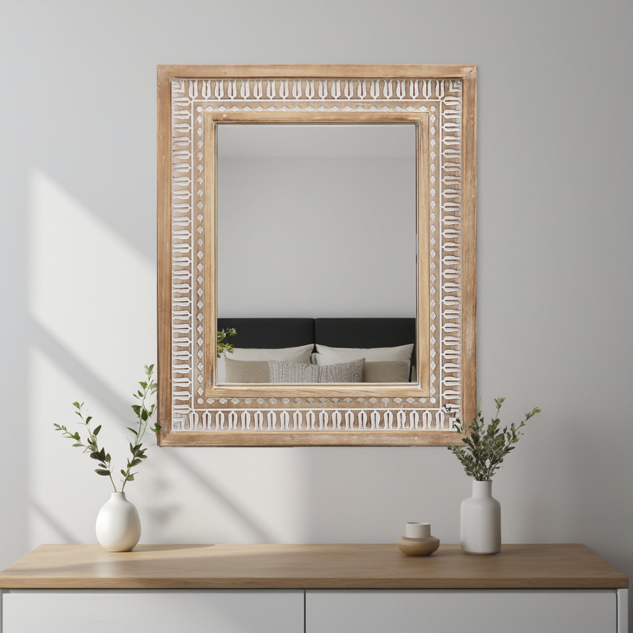 Parisloft Rectangular Carved Wood Wall Mirror - 20 x 23.6 Inches, Farmhouse Wood Mirror for Bathroom, Living Room or Bedroom, Rustic Brown and White