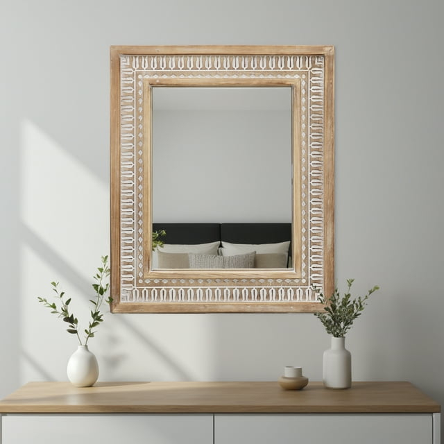 Parisloft Rectangular Carved Wood Wall Mirror - 20 x 23.6 Inches, Farmhouse Wood Mirror for Bathroom, Living Room or Bedroom, Rustic Brown and White