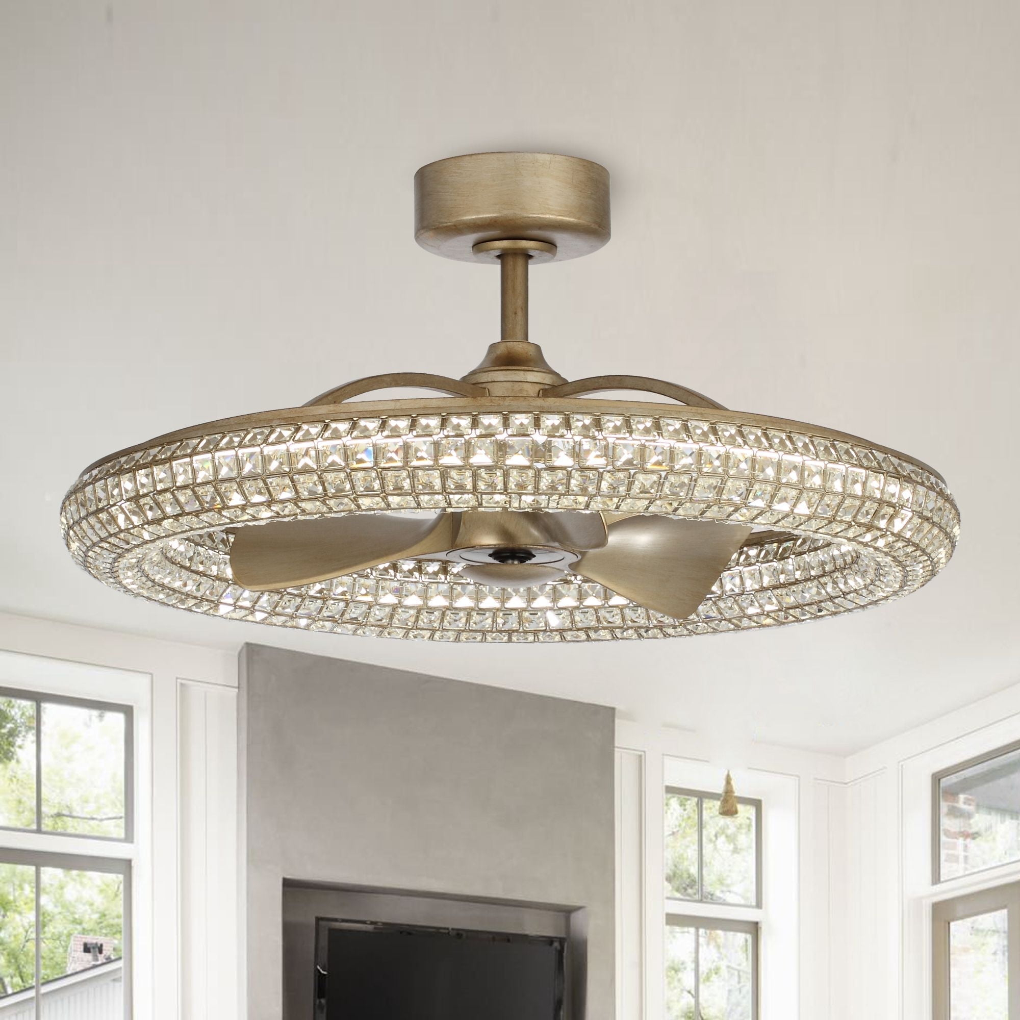 Parrot Uncle 33" Modern 3-Blade Crystal Ceiling Fan with Remote and LED Light, Gold Chandelier Ceiling Fan