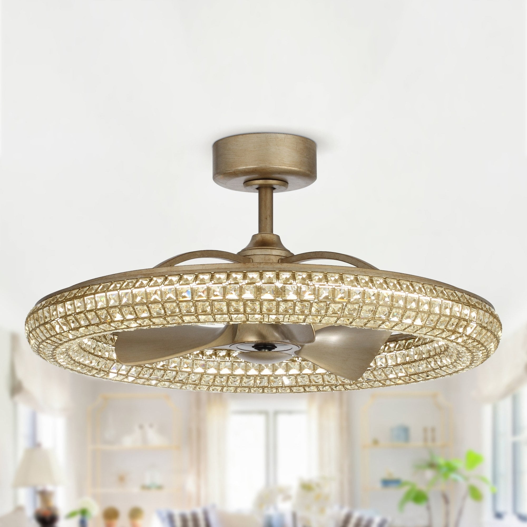 Parrot Uncle 33" Modern 3-Blade Crystal Ceiling Fan with Remote and LED Light, Gold Chandelier Ceiling Fan