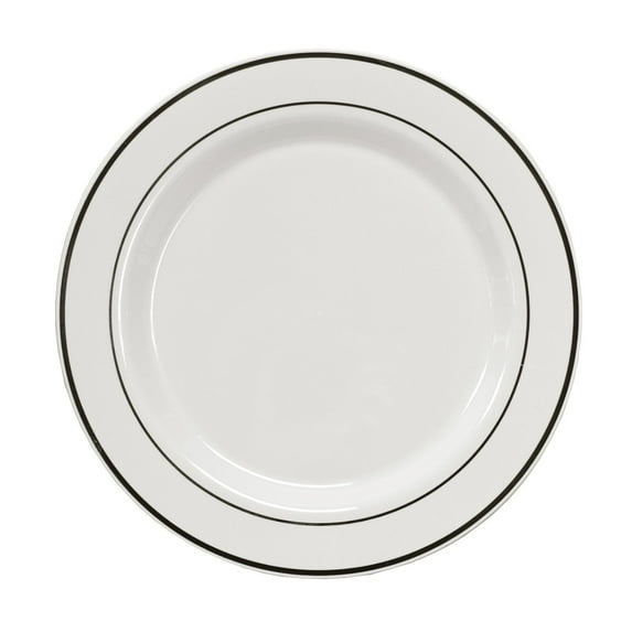 Party Essentials 12-Count Hard Plastic 9" Divine Dinnerware Disposable China Lunch/Dinner Plates, White with Silver Band