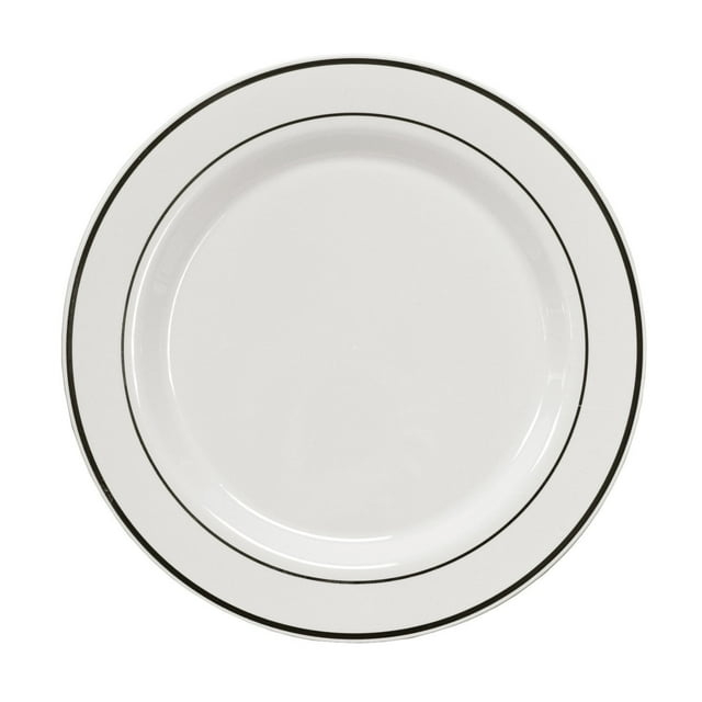 Party Essentials 12-Count Hard Plastic 9" Divine Dinnerware Disposable China Lunch/Dinner Plates, White with Silver Band