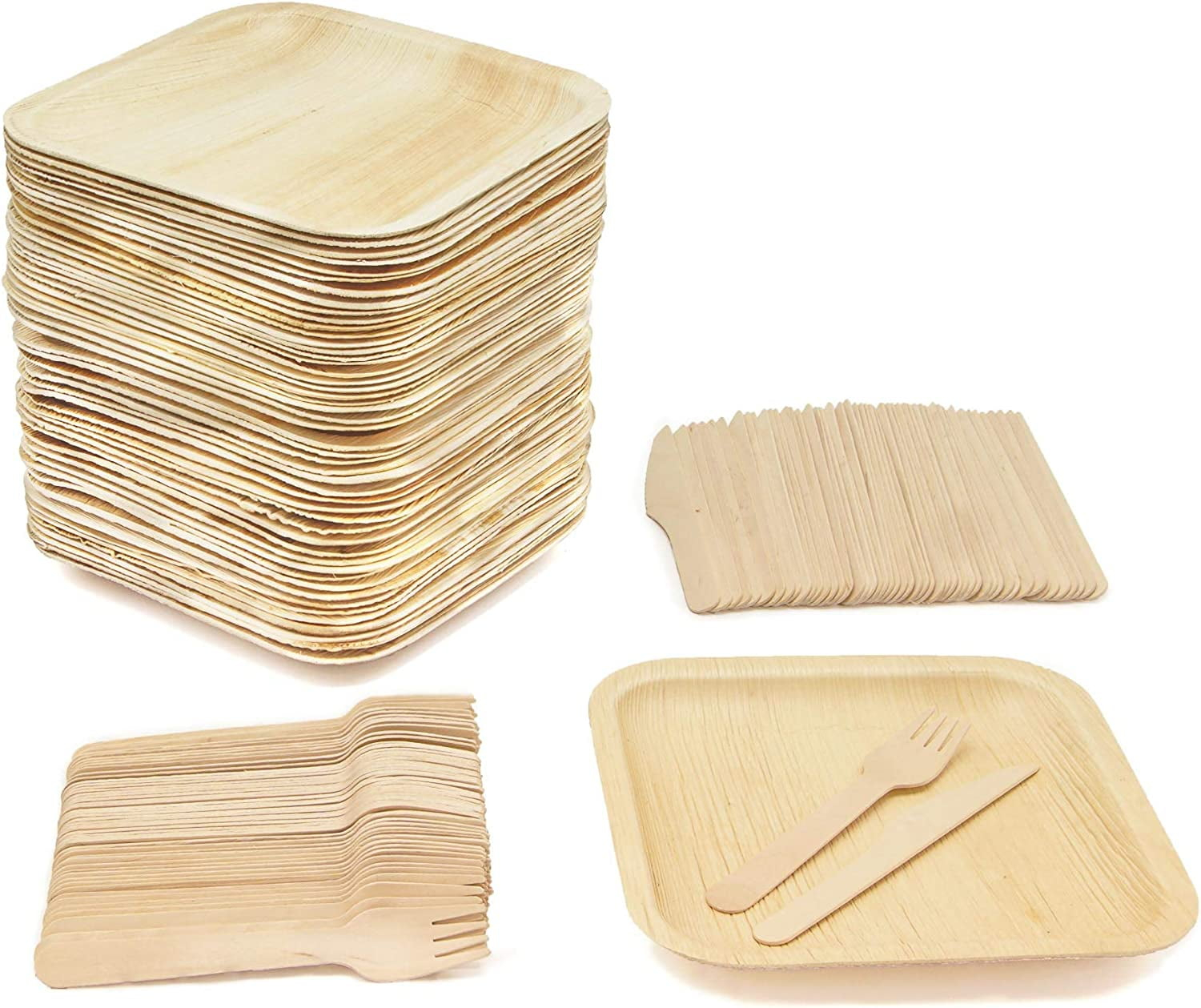 50 Disposable 8" Square Palm Leaf Plates, 50 Wood Forks, 50 Wood Knives - Party Pack of Eco-Friendly Dinnerware