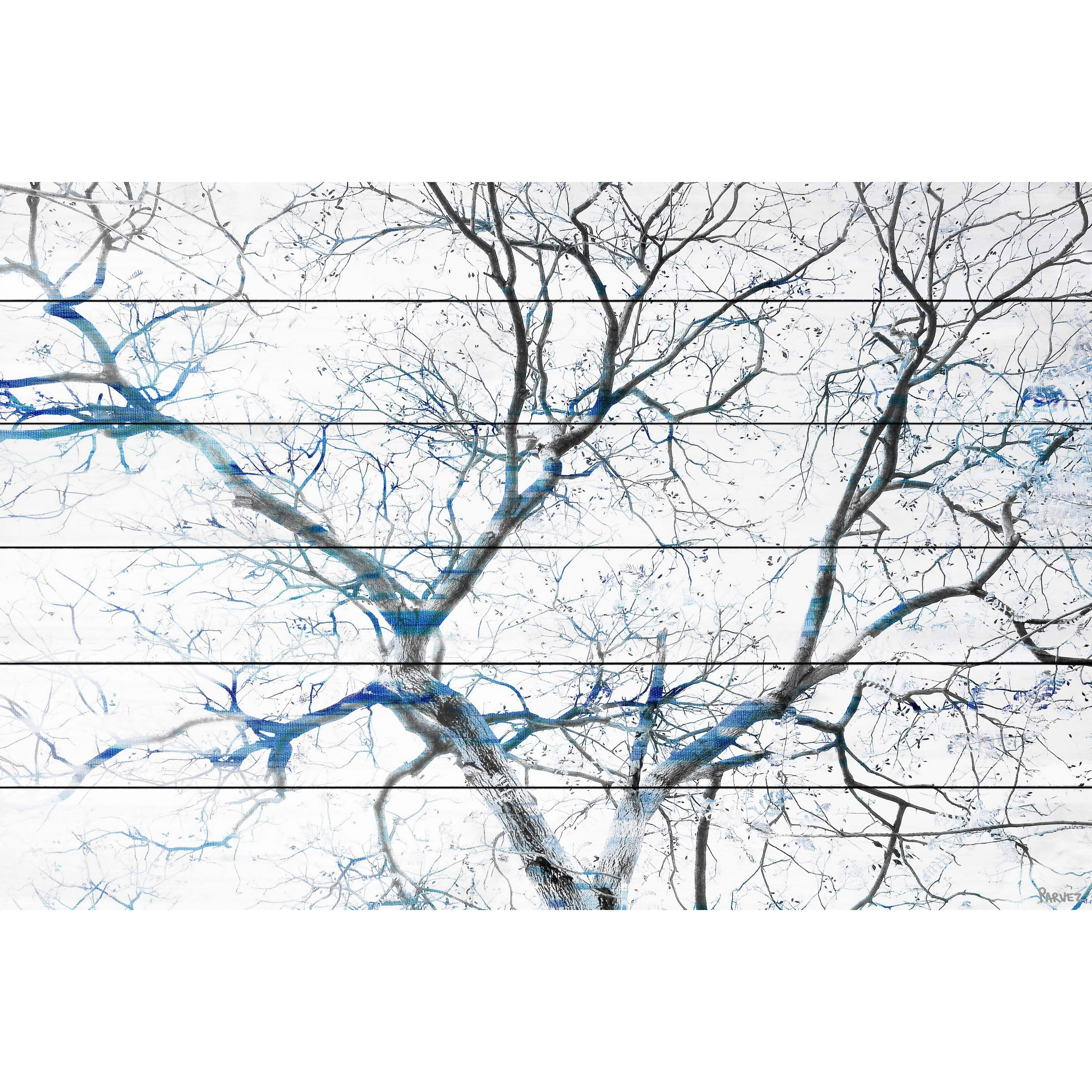Parvez Taj  - Blue Branches Painting Print on White Wood - Multi-Color 36 x 24