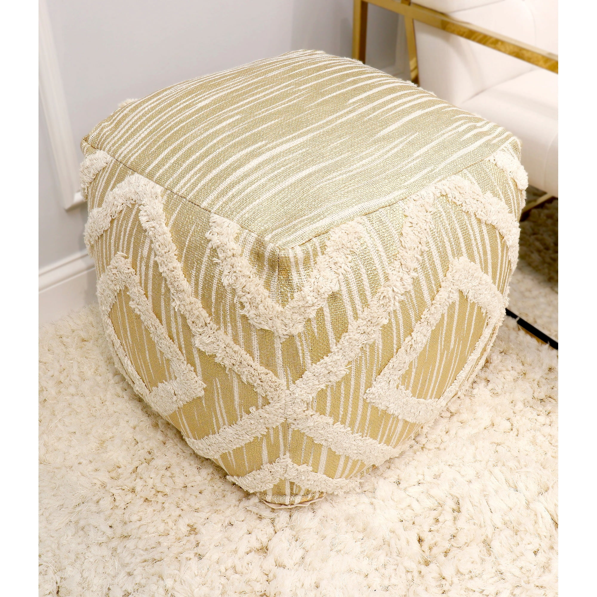 Pasargad Home PPF-064-1GLD Grand Canyon Cotton Pouf - Gold Foiled - 17.75 x 17.75 x 17.75 in.