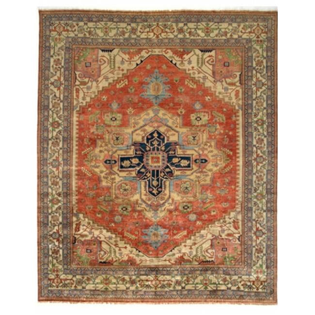 Serapi Hand-Knotted Wool Oriental Area Rug in Red/Navy/Cream