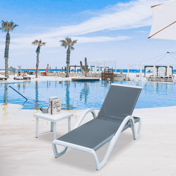 Domi Pool Lounge Chair Aluminum Adjustable Outdoor Chaise Lounge,All Weather Plastic Poolside Lounge Chair for Deck Lawn Backyard, Gray Textilene