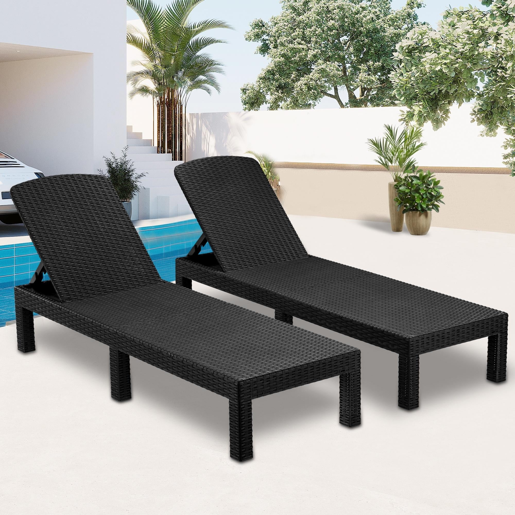 Devoko Outdoor Chaise Lounge Chair Set of 2 for Outside Pool Patio, Adjustable Waterproof Easy Assembly Chaise Lounge Outdoor (Black, Set of 2)