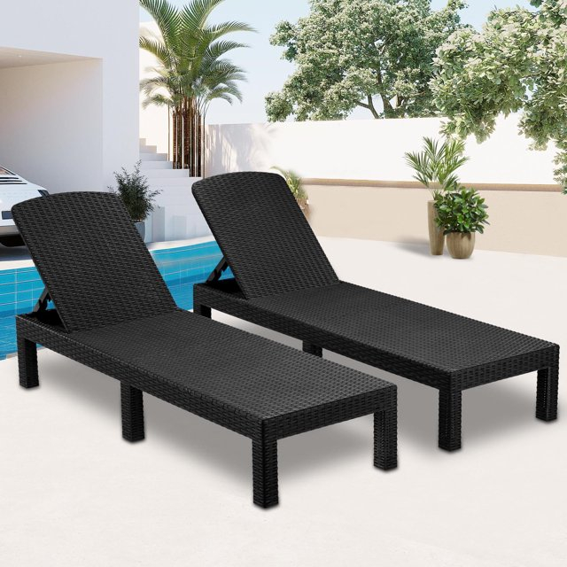 Devoko Outdoor Chaise Lounge Chair Set of 2 for Outside Pool Patio, Adjustable Waterproof Easy Assembly Chaise Lounge Outdoor (Black, Set of 2)
