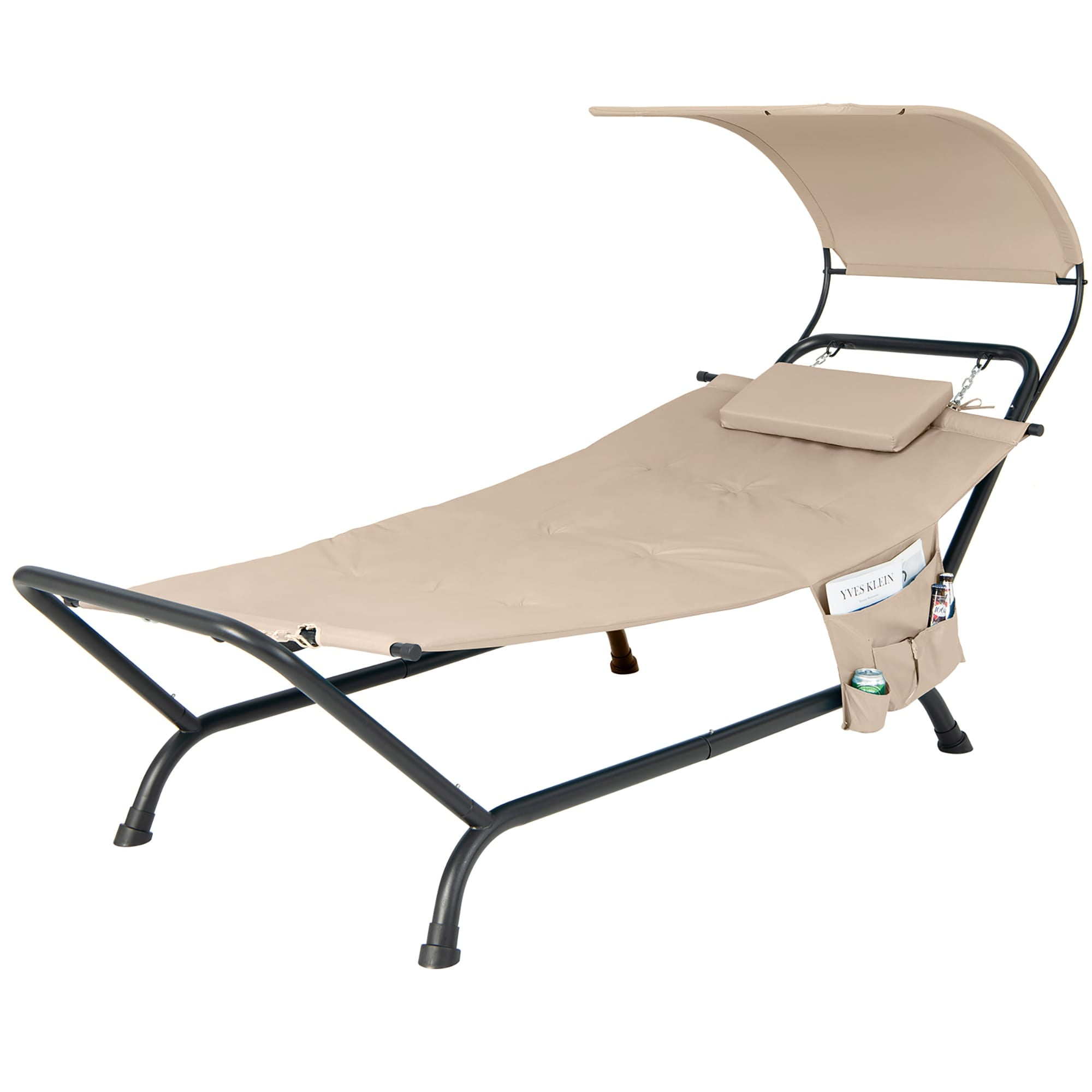 Patio Hanging Chaise Lounge Chair with Canopy Cushion & Storage Bag Beige