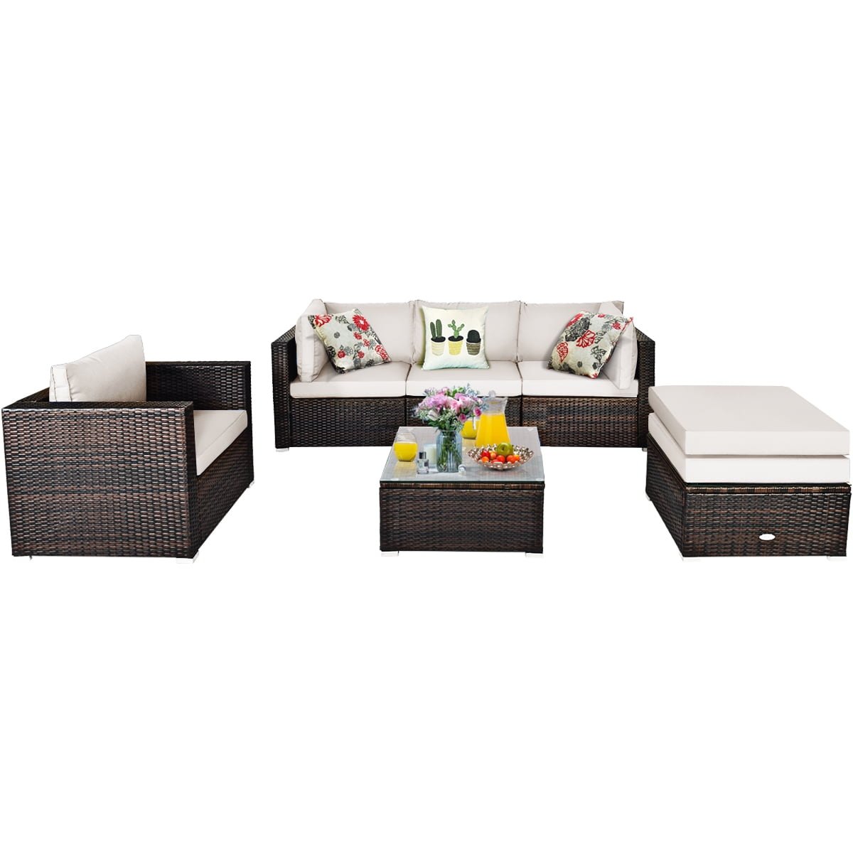 Patiojoy 6PCS Rattan Patio Furniture Set Cushioned Sofa Chair Ottoman White