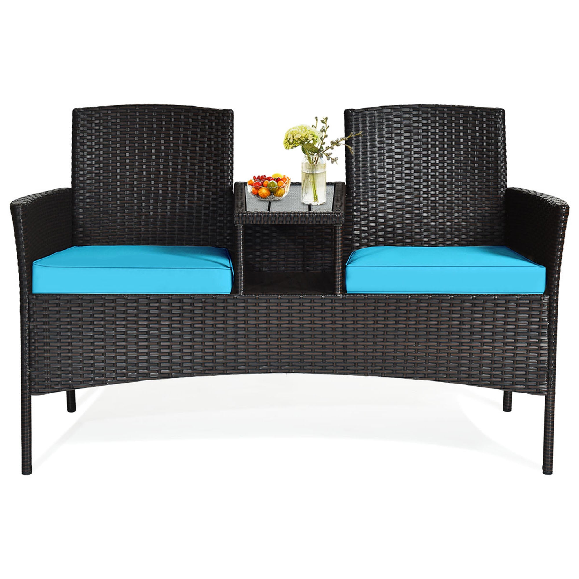 Resenkos Wicker Patio Conversation Furniture Set with Seat , Balcony Furniture Outdoor Rattan Patio Conversation Set with Removable Cushions and Table-Turquoise