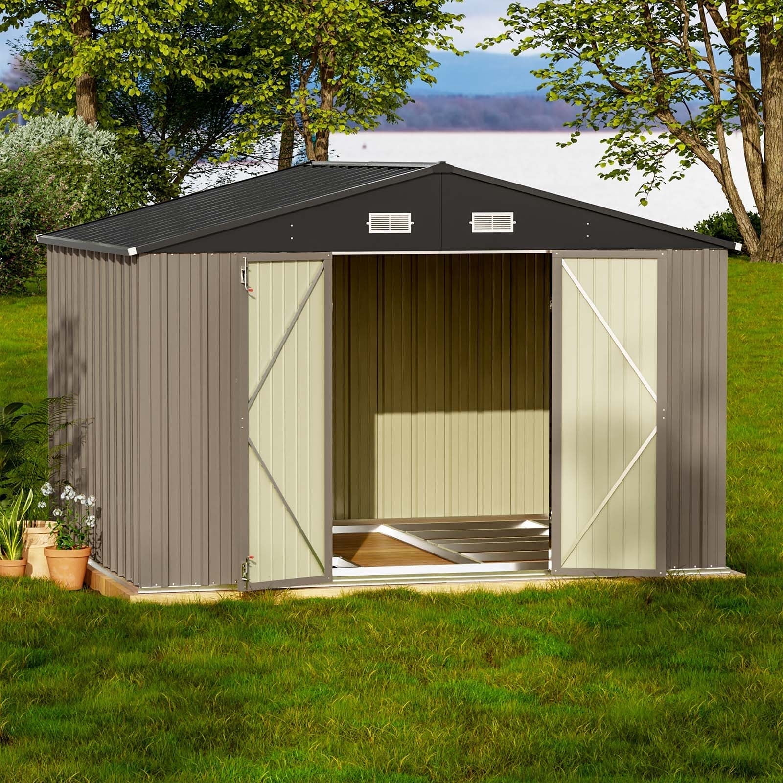 Patiowell 10' x 8' Outdoor Storage Shed with Floor Frame Kit, Metal Garden Tool Shed with Design of Lockable Doors, Utility and Tool Storage for Garden, Backyard, Patio, and Outside Use, Brown