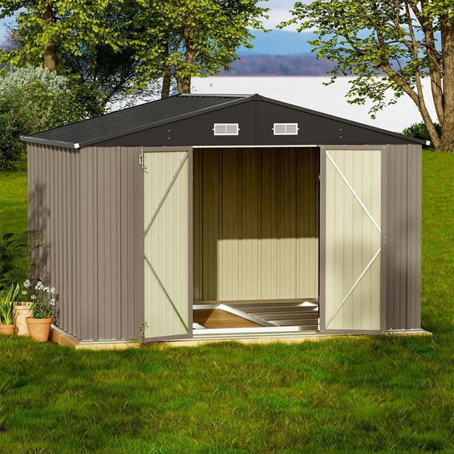Patiowell 10' x 8' Outdoor Storage Shed with Floor Frame Kit, Metal Garden Tool Shed with Design of Lockable Doors, Utility and Tool Storage for Garden, Backyard, Patio, and Outside Use, Brown