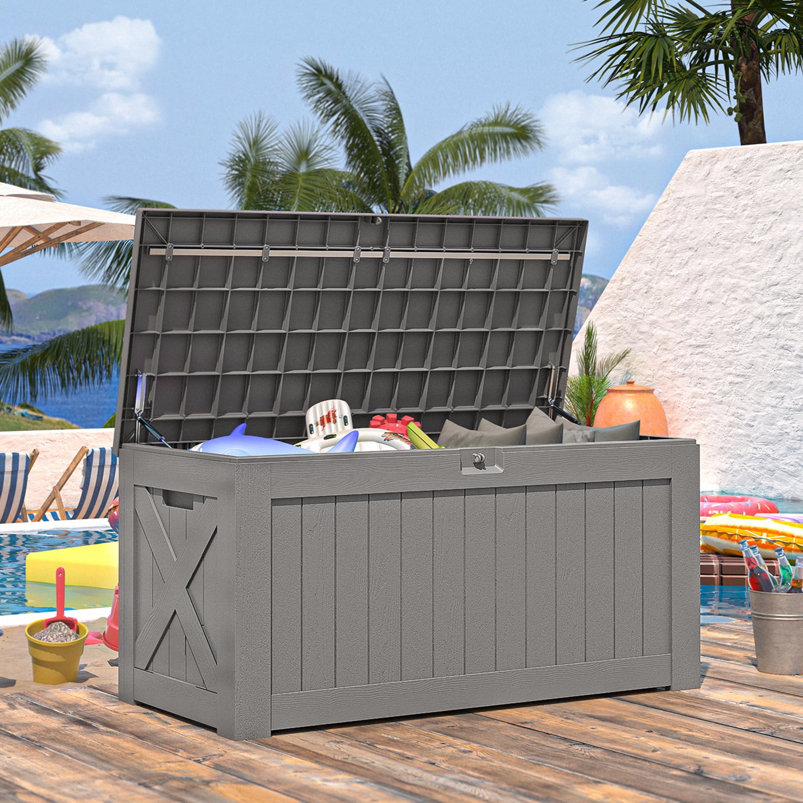 Patiowell 120 Gallon Large Deck Box, Outdoor Lockable Storage Box for Gardening Tools, Waterproof Deck Box for Patio Furniture, Grey