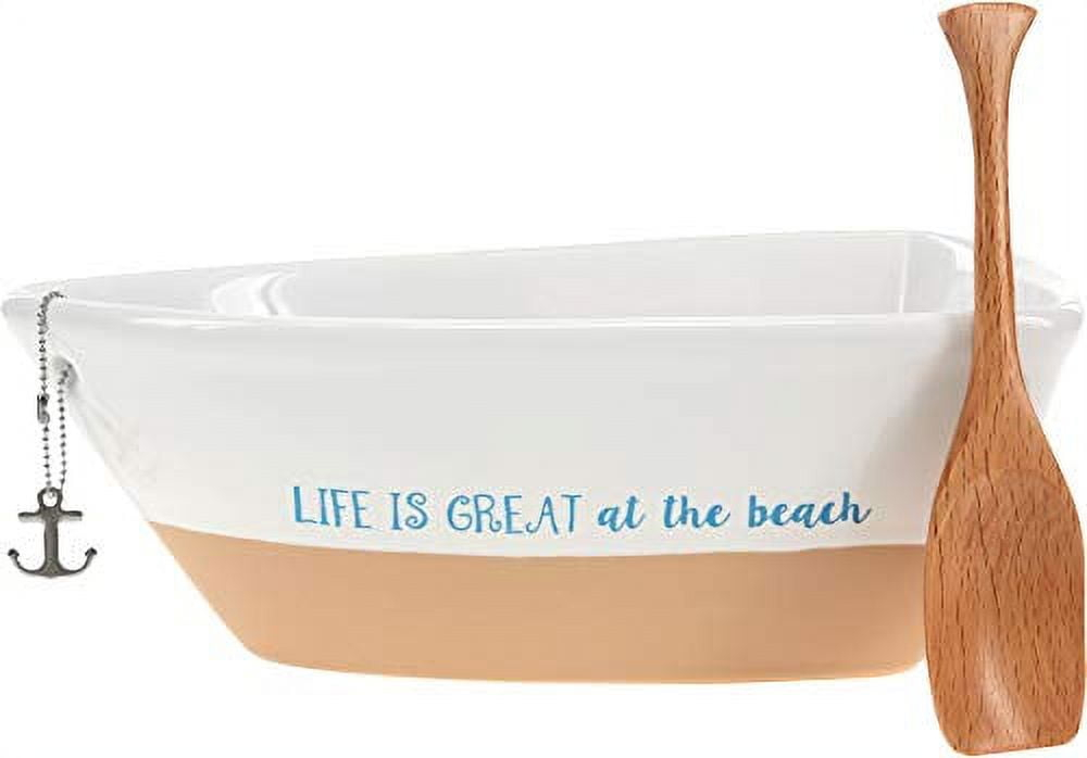 Pavilion Gift Company 12 Oz Stoneware Boat Dish Server With Wooden Oar Scoop Life Is At The Beach, Beige