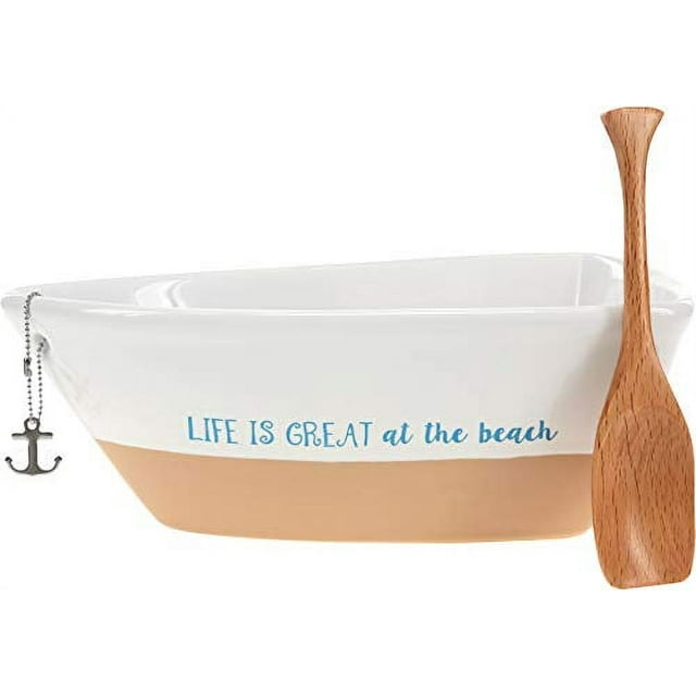 Pavilion Gift Company 12 Oz Stoneware Boat Dish Server With Wooden Oar Scoop Life Is At The Beach, Beige