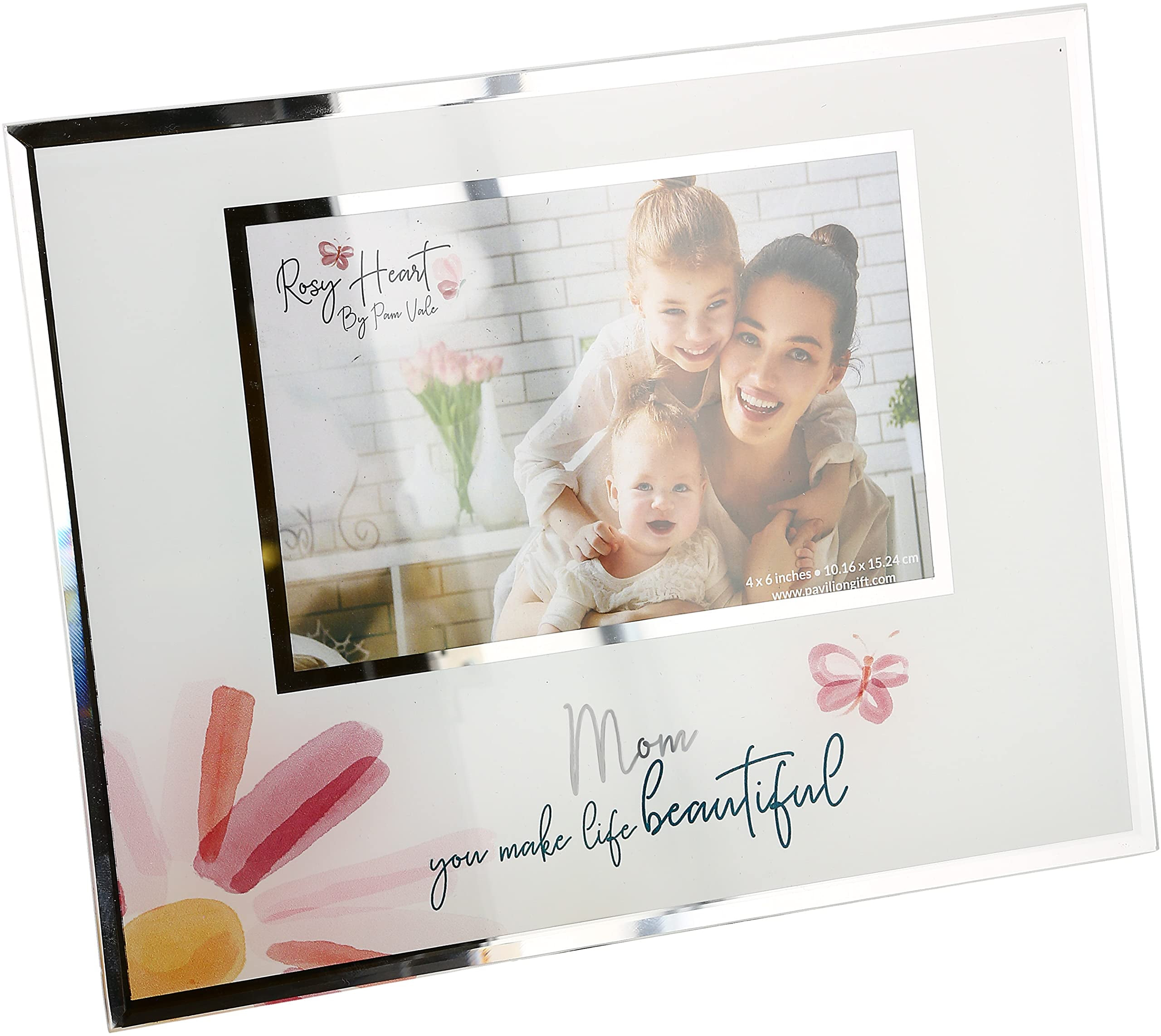 Pavilion Gift Company 6" x 4" Photo Mom You Make Life Beautiful Horizontal Candle, 9.25" x 7.25" Glass Easel Back Picture Frame, Pink