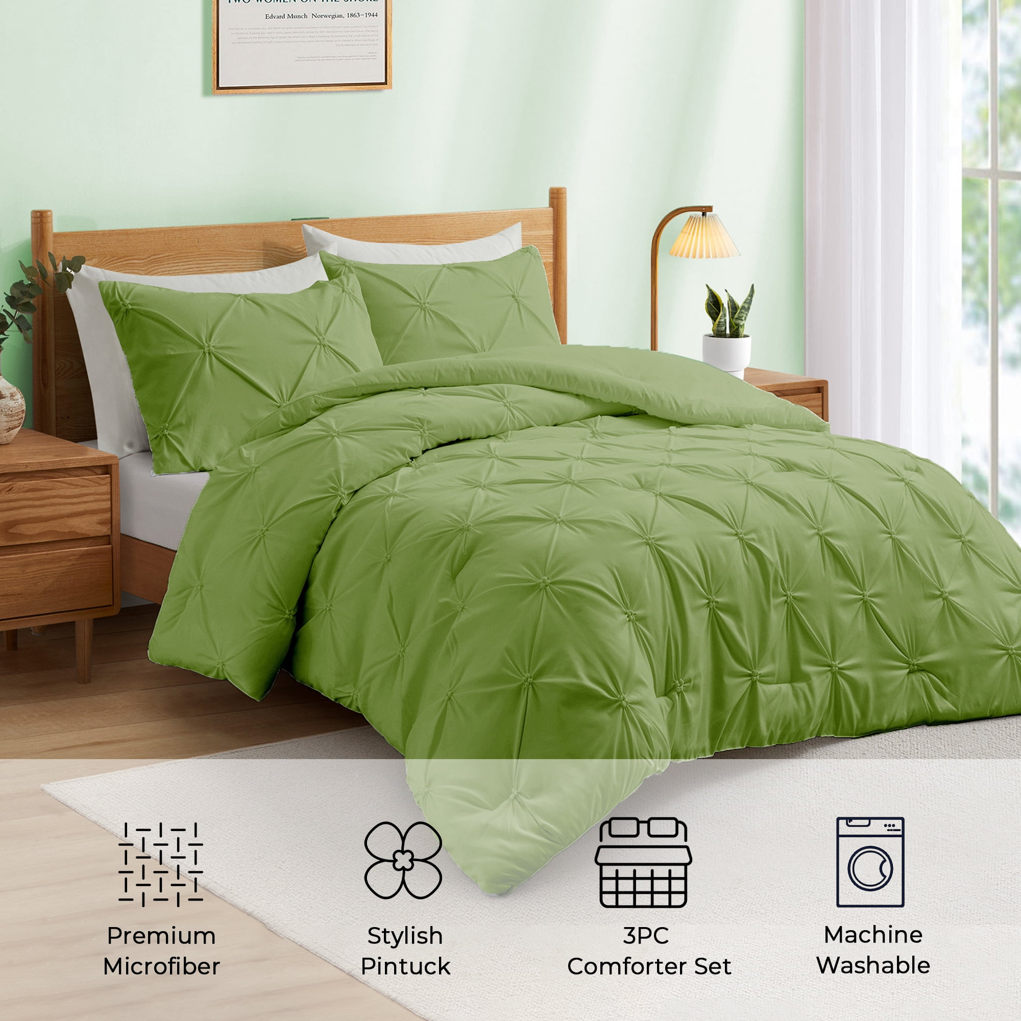 Peace Nest 3-Piece All Season Pinch Pleated Comforter Set, Olive, King
