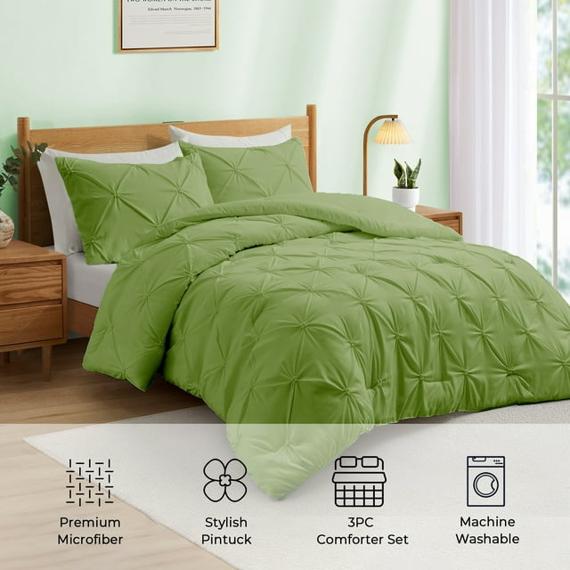 Peace Nest 3-Piece All Season Pinch Pleated Comforter Set, Olive, King