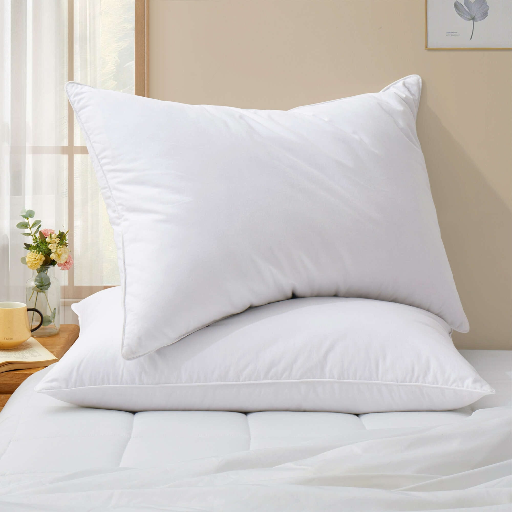 Peace Nest Set of 2 Goose Down Feather Oval Gusseted Bed Pillows with 100% Cotton Cover - White Medium - Standard