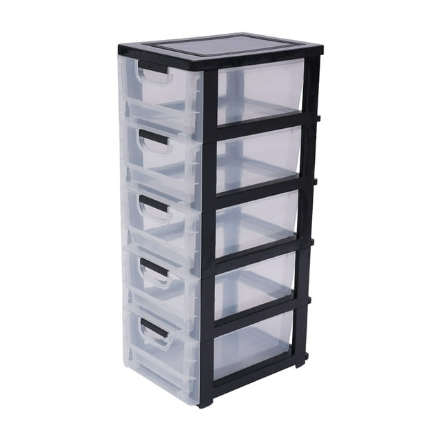 Peakora Plastic drawers dresser with 5 spacious drawers, transparent compartments, sturdy PP material, stackable design, easy to move with wheels, ideal for organizing clothes and accessories