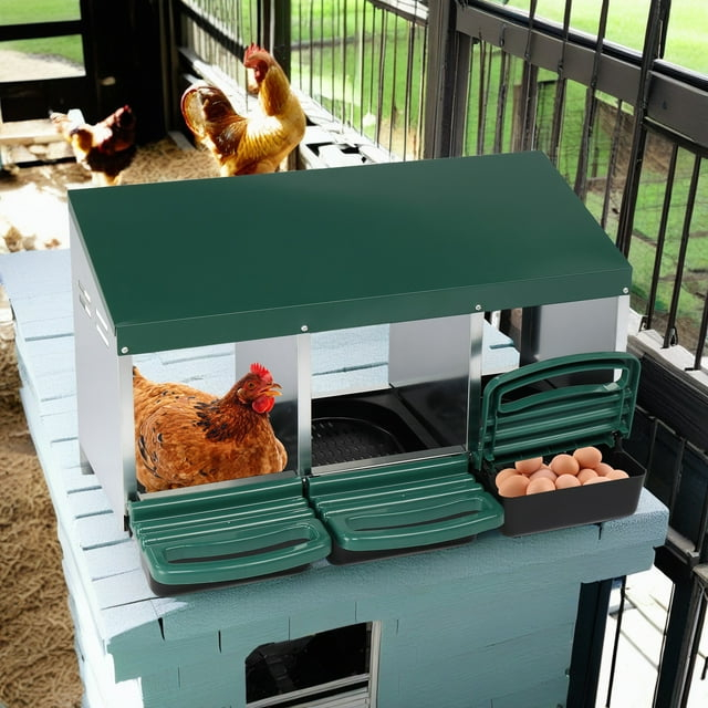 Compact Style 3 Compartment, Forward Rollout & Rollaway, Hen & Chicken Nesting Box with Protective Egg Laying Collection Lids