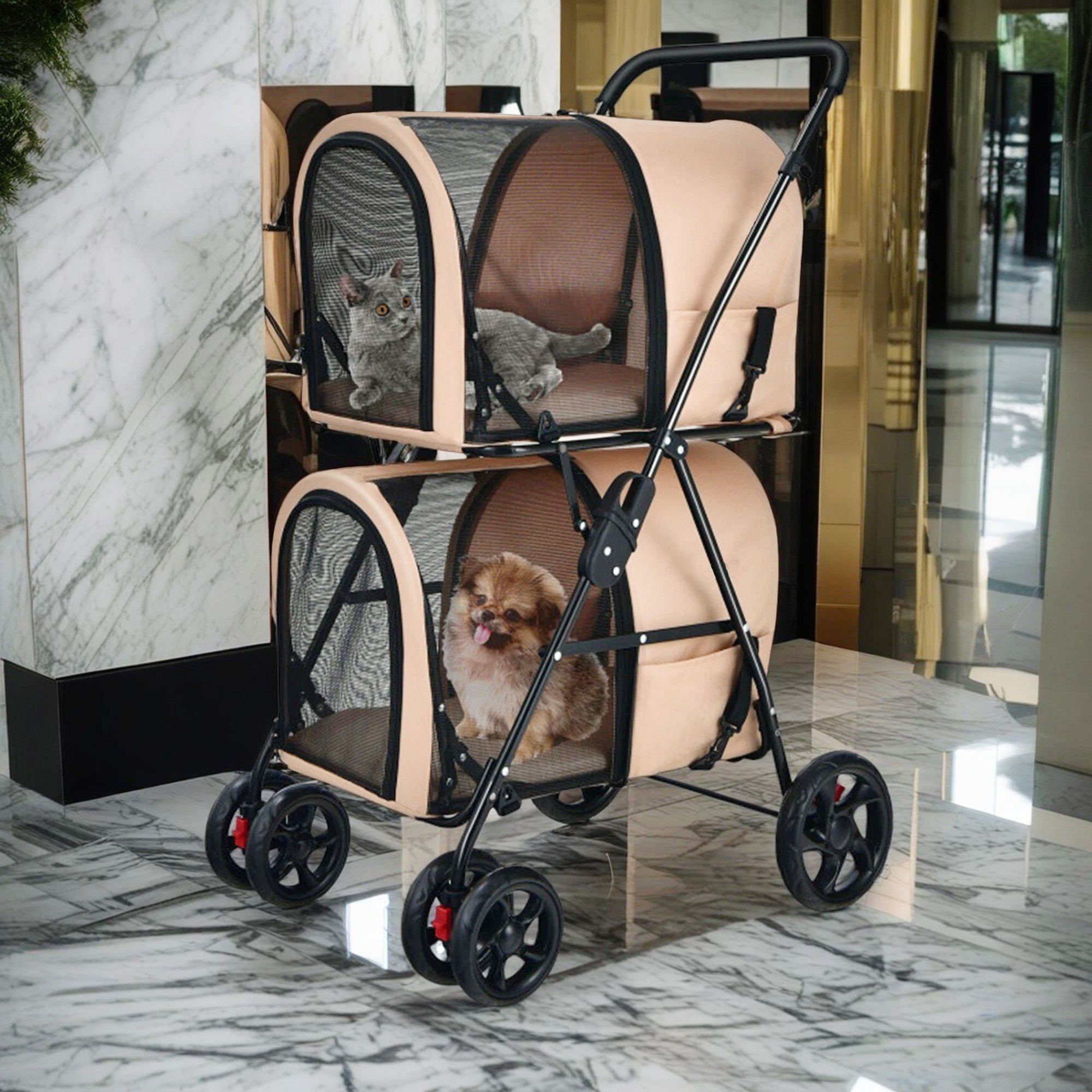 Infans 4-in-1 Double Pet Stroller w/ Detachable Carrier Travel Carriage for Cats Beige