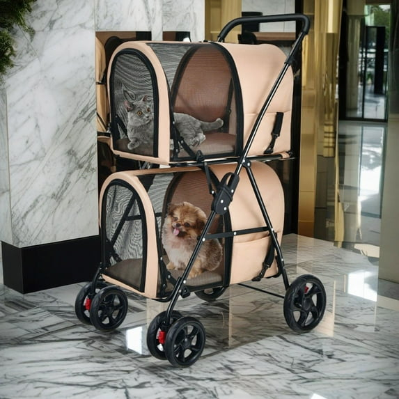 Infans 4-in-1 Double Pet Stroller w/ Detachable Carrier Travel Carriage for Cats Beige