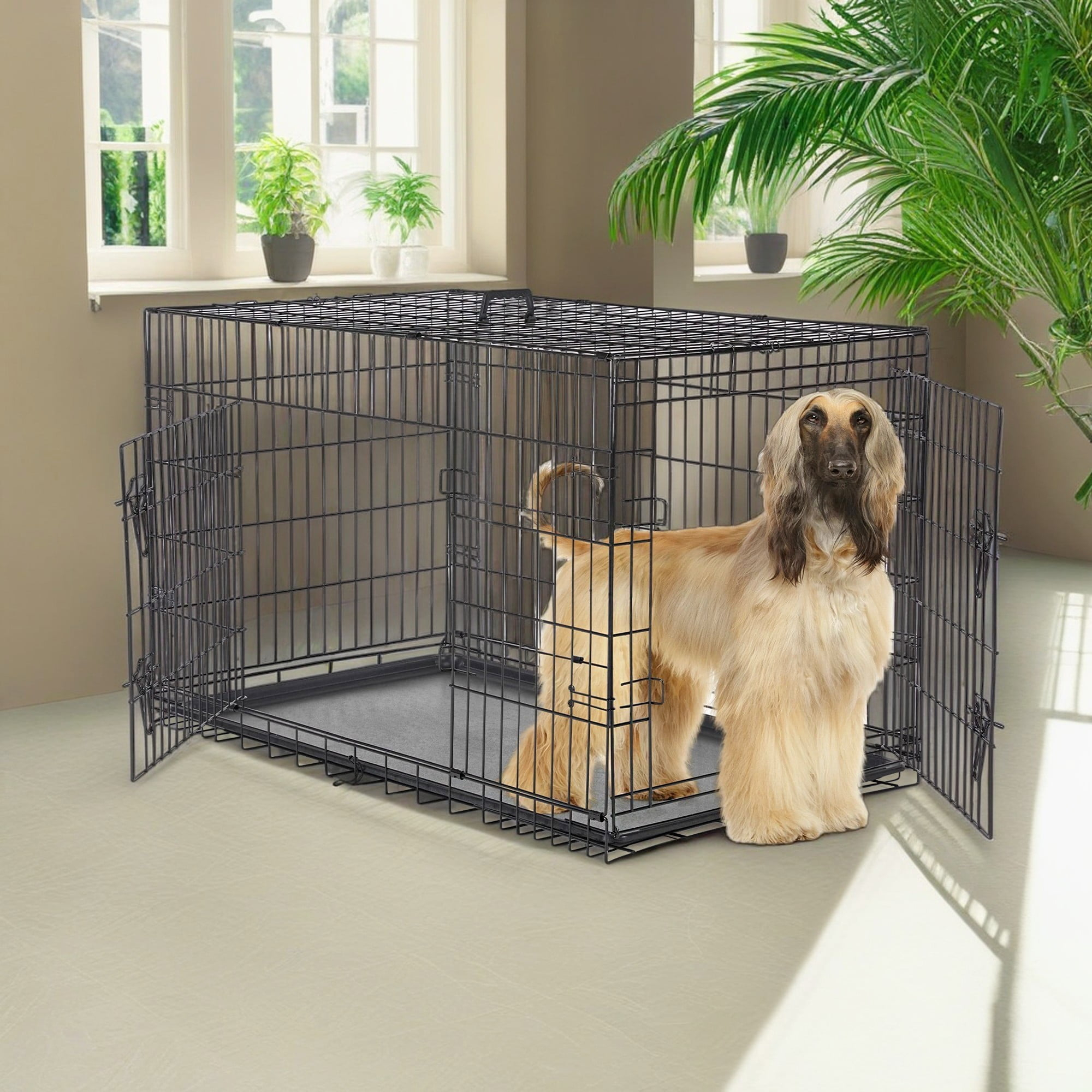 EDX Big Dog Crate with Divider Panel, 48 Inch Double Door Folding Metal Wire Dog Cage with Plastic Leak-Proof Pan Tray
