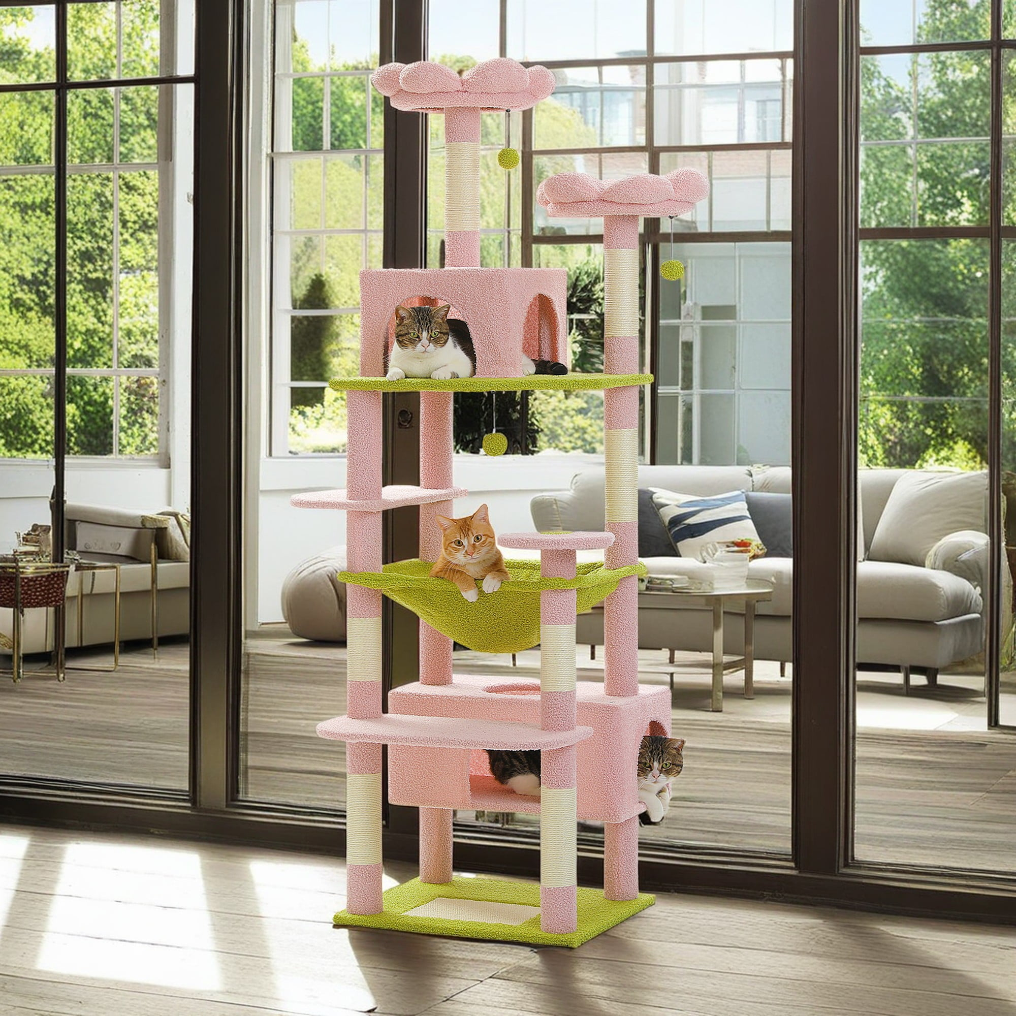 72 Inches Large Cat Tower For Large Cats, Cat Condo With Sisal-Covered Scratching Posts And Pads, 2 Padded Perch, Dual Condo And Basket