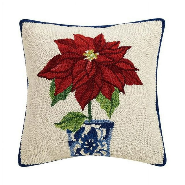 Peking Handicraft  16 x 16 in. Holiday Chinoiserie Poinsettia Poly-filled Square Hook Pillow, Multi Color