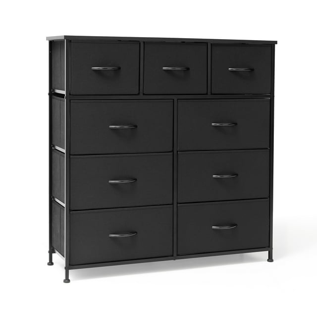 DUMOS Dresser for Bedroom, Storage Organizer with 9 Drawers, Chest of Drawers with Fabric Bins, Sturdy Metal Frame, Wood Tabletop for Guest Room, Closet, Entryway, Nursery