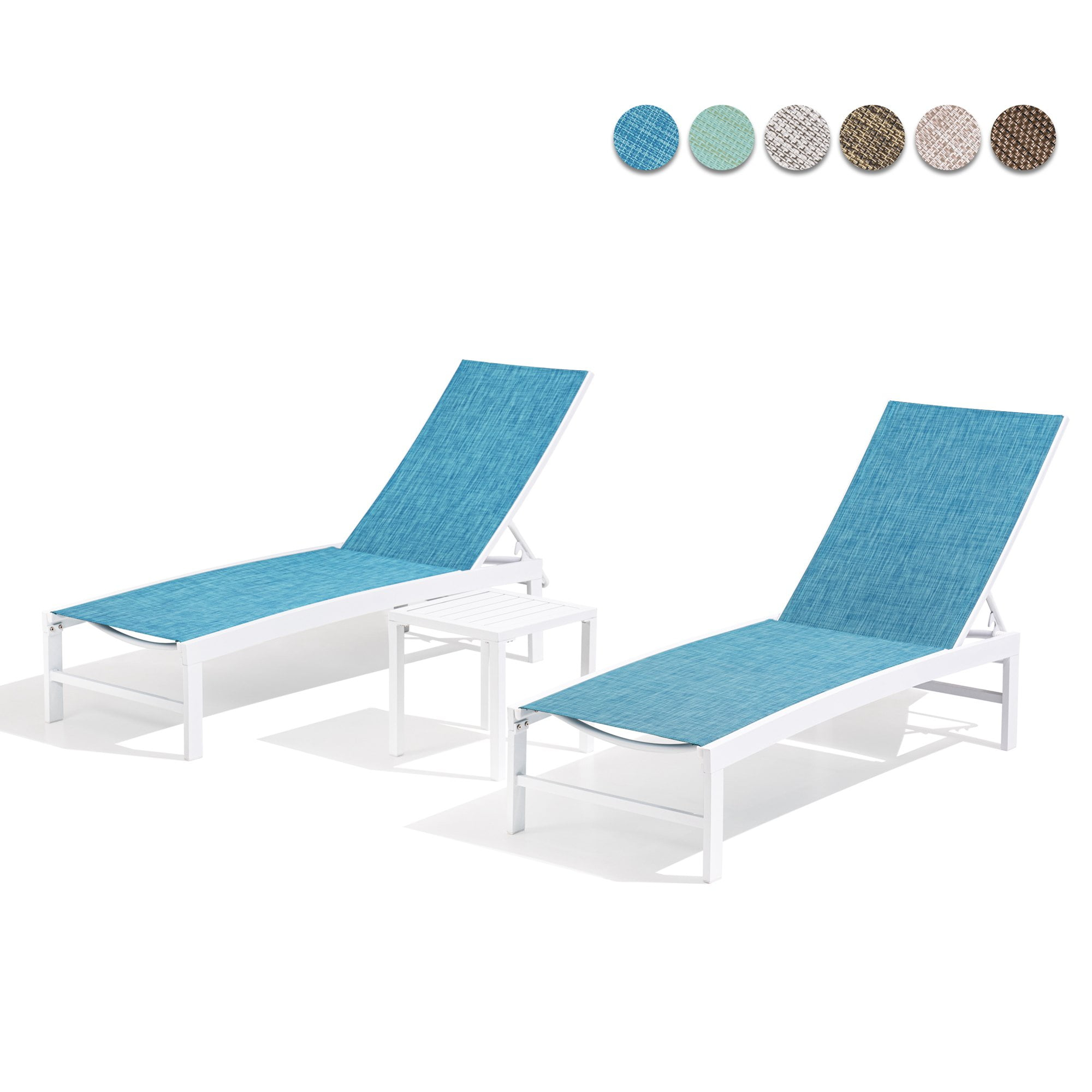 Crestlive Products Set of 3 Outdoor Aluminum Chaise Lounge Chairs and Table, Blue