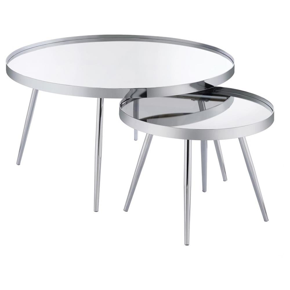Pemberly Row 2-Piece Metal Round Mirror Top Nesting Coffee Table Chrome