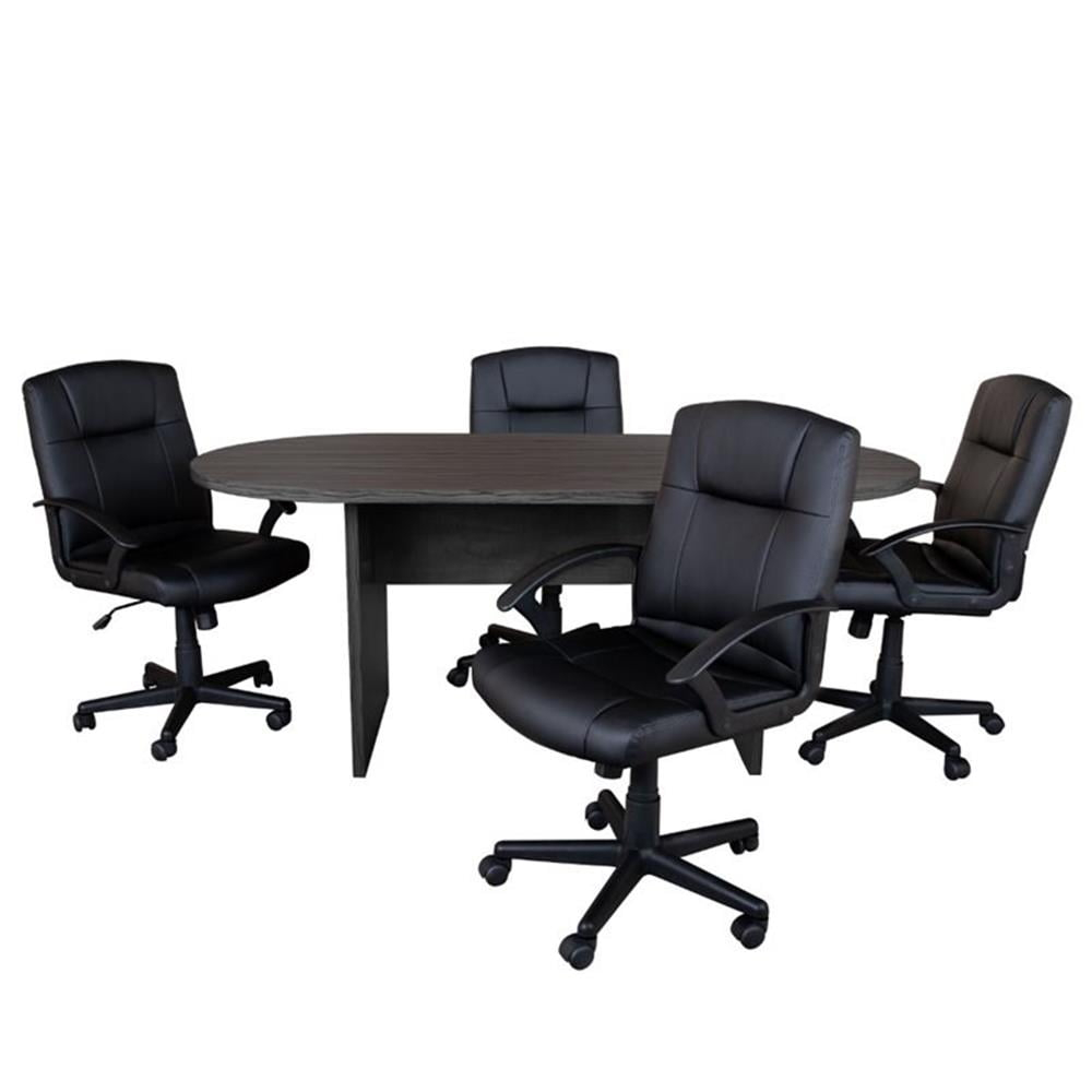 Flash Furniture Lake 5 Piece Rustic Gray Oval Conference Table Set with 4 Black LeatherSoft-Padded Task Chairs