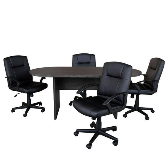Flash Furniture Lake 5 Piece Rustic Gray Oval Conference Table Set with 4 Black LeatherSoft-Padded Task Chairs