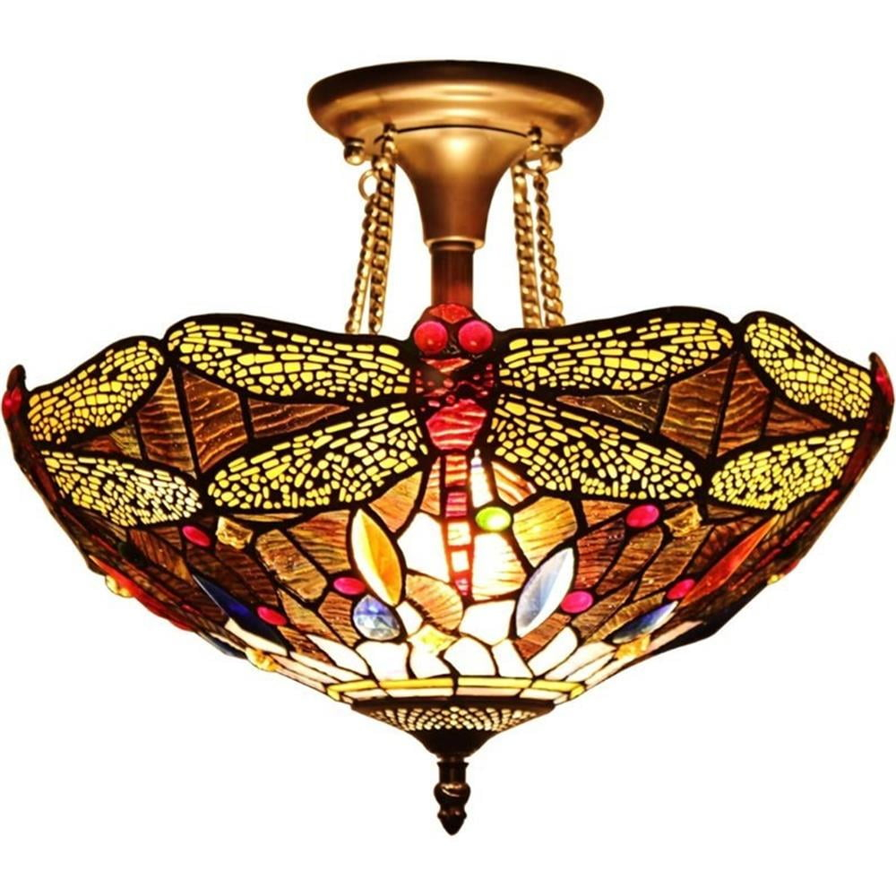Chloe Lighting Dragan Tiffany-Style 2 Light Dragonfly Semi-Flush Ceiling Fixture 16" Shade