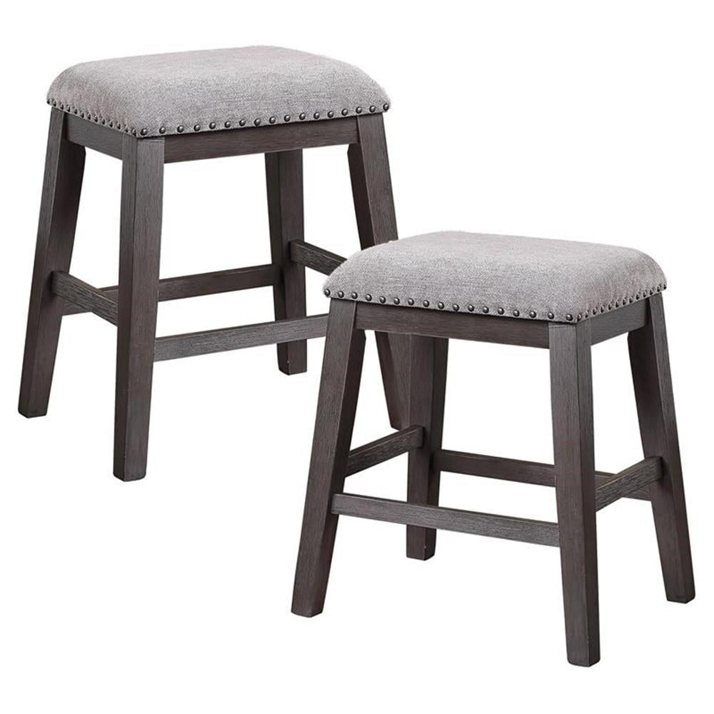 Rosdorf Park Set of 2 Counter Height Barstools – Gray Chenille Upholstery, Nailhead Trim, and Wire-Brushed Acacia Legs for Casual Dining (Set of 2)