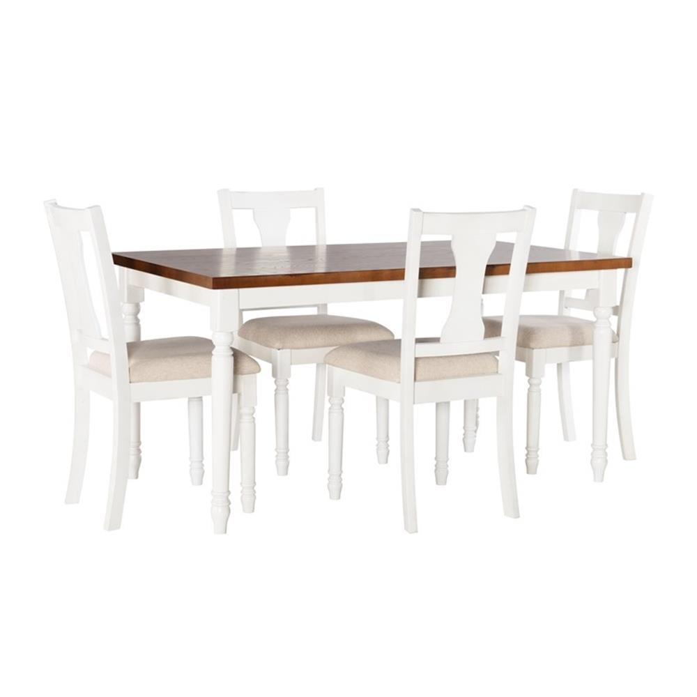 Pemberly Row Farmhouse Five Piece Dining Set in Vanilla White and Honey Brown