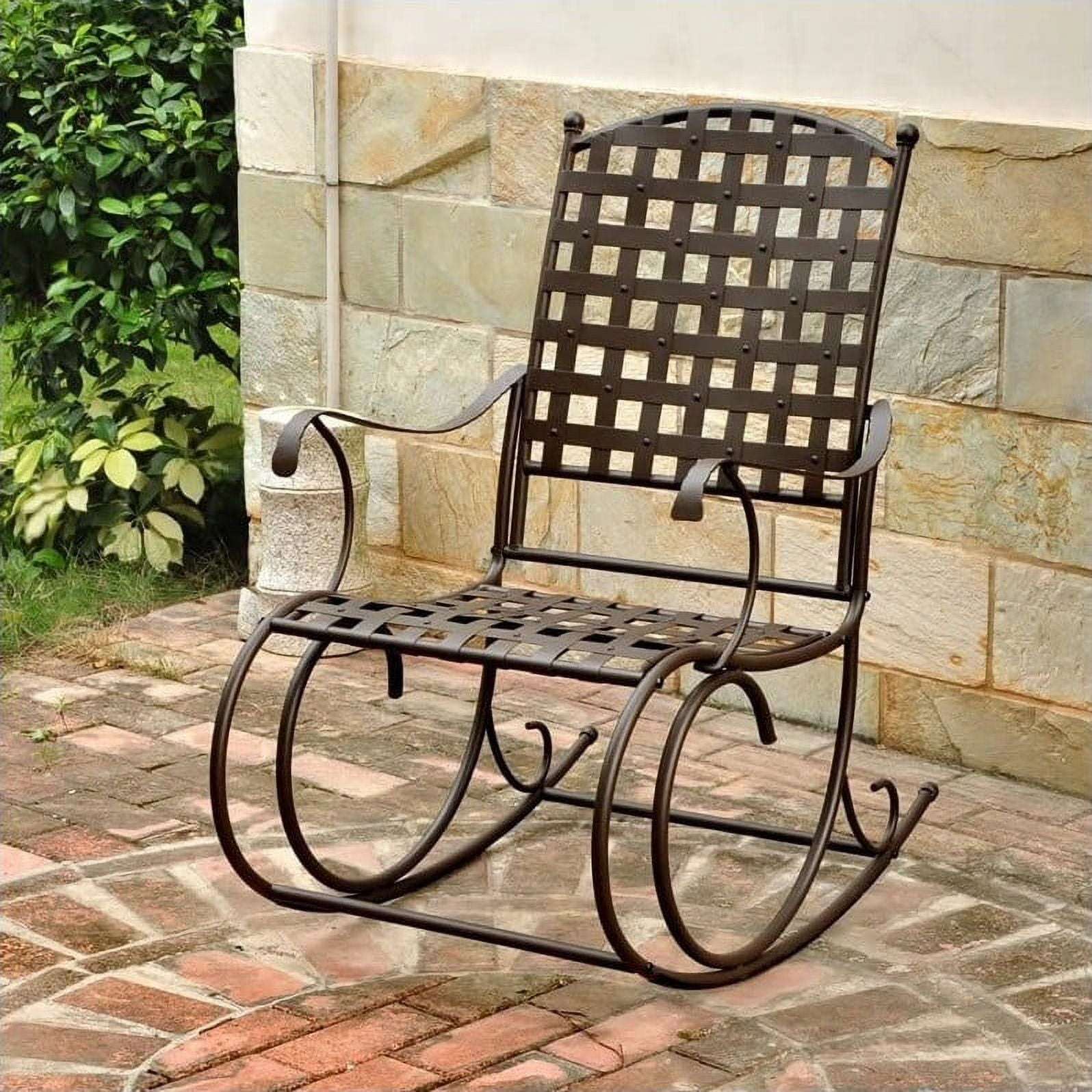 Pemberly Row Iron High-Back Patio Rocker in Brown
