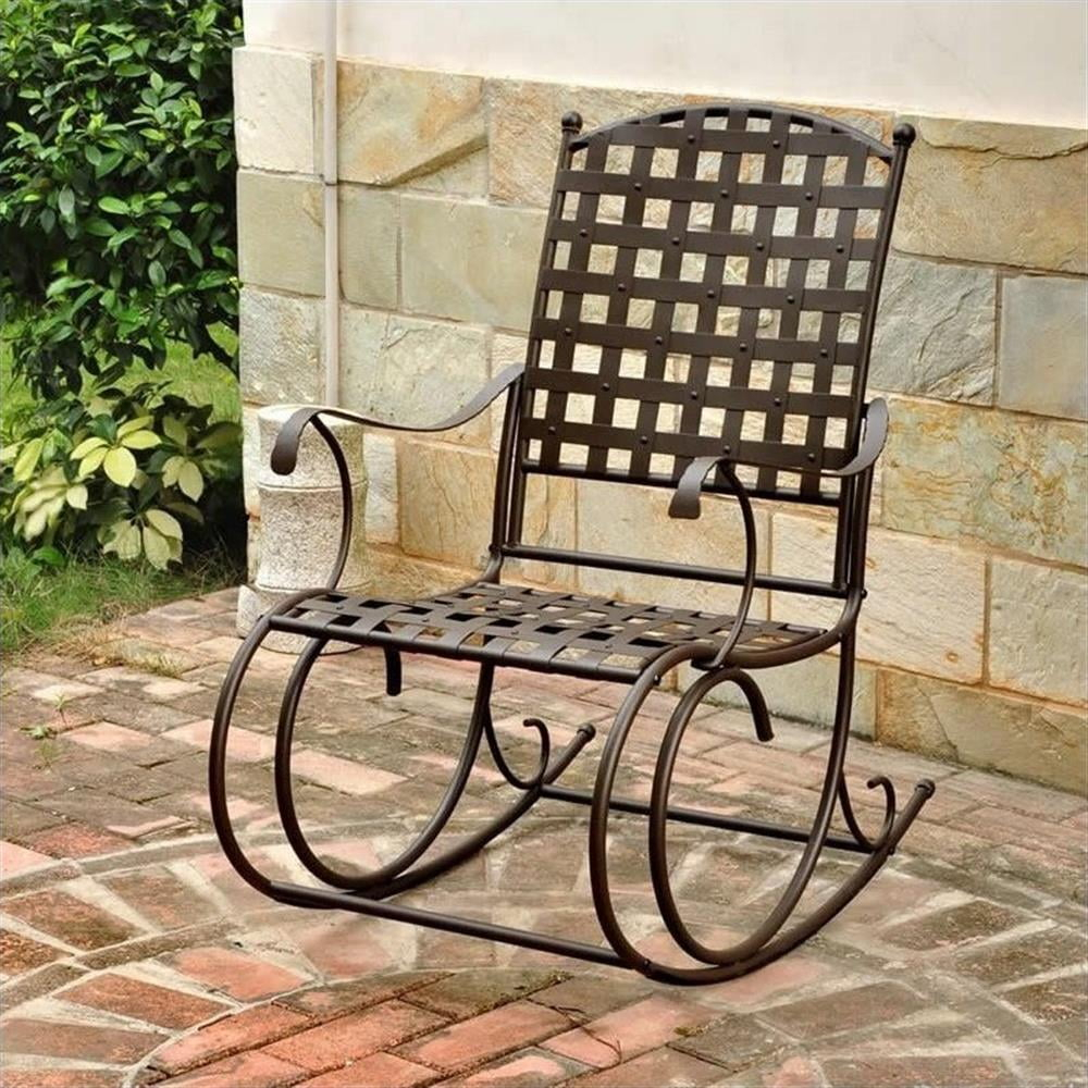 Pemberly Row Iron High-Back Patio Rocker in Brown