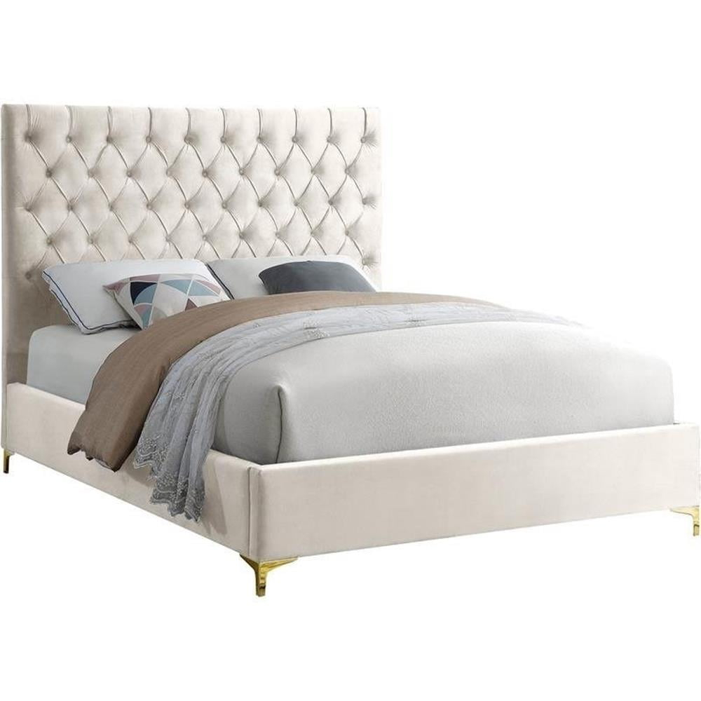 Pemberly Row Modern Solid Wood Tufted Velvet Queen Bed in Cream