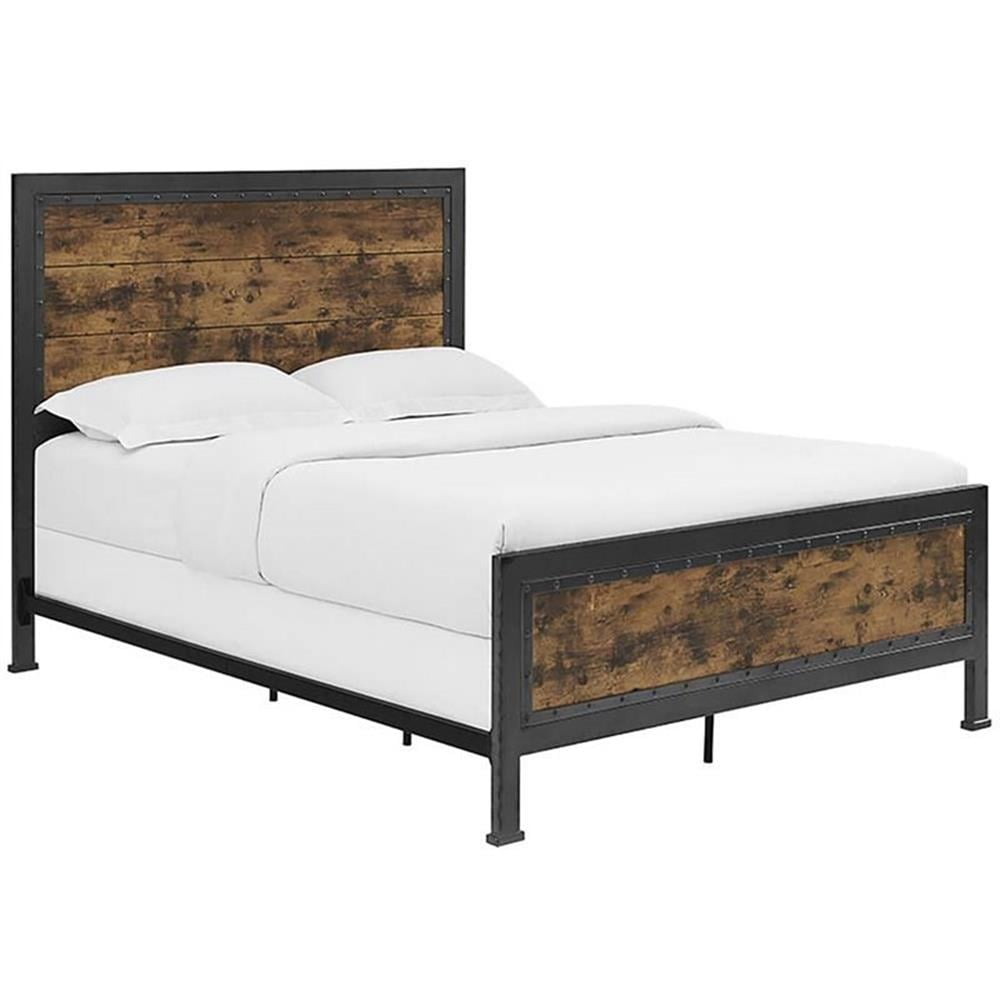 Walker Edison Queen Size Industrial Wood and Metal Bed - Brown